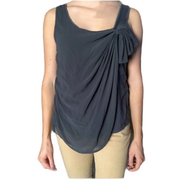 New! DELETTA S Blue Swept Away Pleated Bow Overlay Top - Picture 1 of 6
